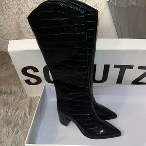 Schutz black croc block heel boots